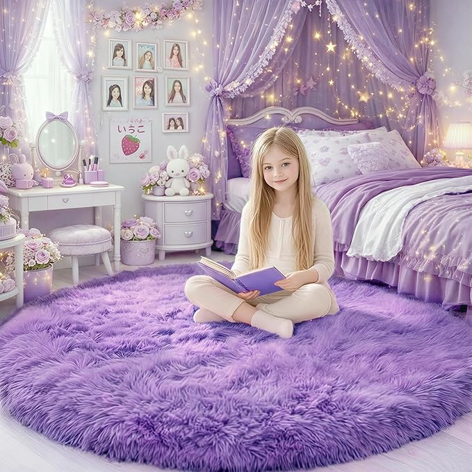Amdrebio Purple Round Rugs 5Ft for Girls Bedroom Decor Aesthetic, Fluffy Fuzzy Circle Area Rug for Kids Playroom, Cute Furry Shaggy Circular Princess Carpet for Living Room, Baby Nursery, Preppy Dorm