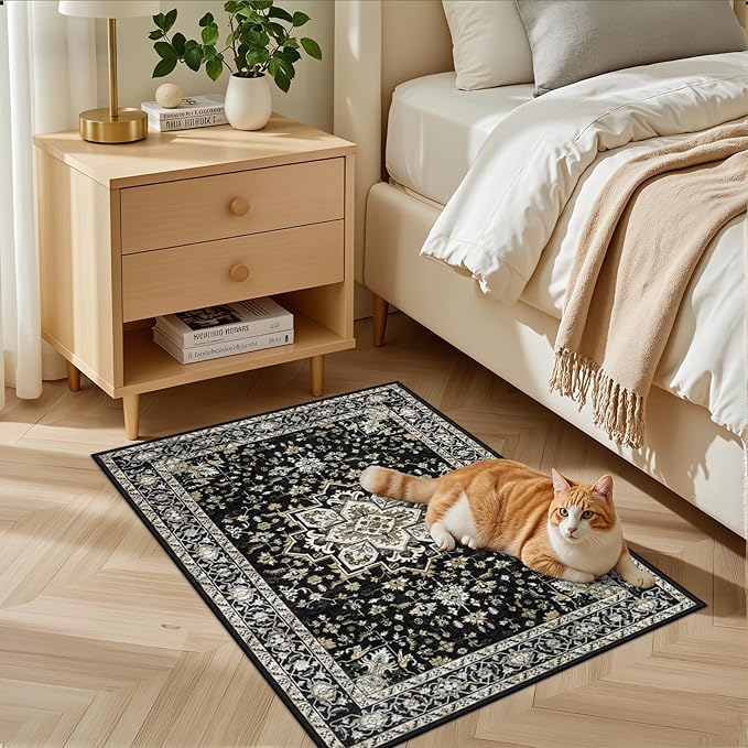2x3 Area Rugs Living Room Rug: Washable Vintage Boho Medallion Rug No Slip Stain Resistant Soft Carpet Indoor Large Carpets for Bedroom Dining Room Farmhouse Nursery Hallway Home Office Black Gold