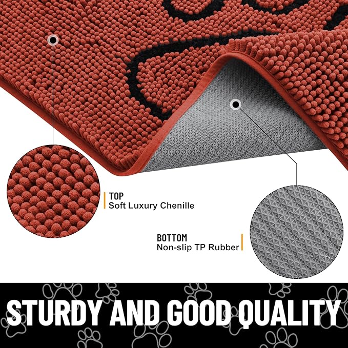Smiry Dog Door Mat for Muddy Paws, Absorbent Dirt Trapper Non Slip Quick Dry Washable Chenille Mat for Mud Dogs, Entry Rug for Indoor and Outdoor (30x20 Inches, Maple Red and Black)