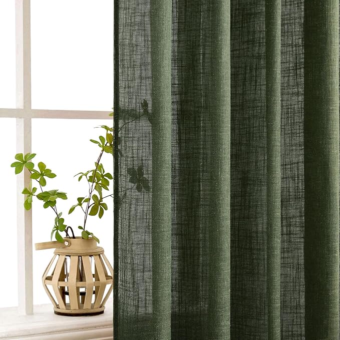 MIULEE Olive Green Linen Curtains 90 Inch Long for Bedroom Living Room, Soft Thick Linen Textured Window Drapes Semi Sheer Light Filtering Rod Pocket Back Tab Christmas Burlap Look, 2 Panels