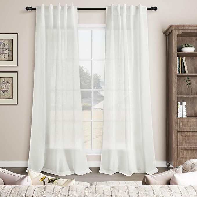 Off White Linen Curtains 84 inches Long for Bedroom Back Tab Light Filtering Privacy Sheer Curtains Modern Farmhouse Coastal Decor White Cotton Textured Gauze Curtain for Living Room 2 Panel Set