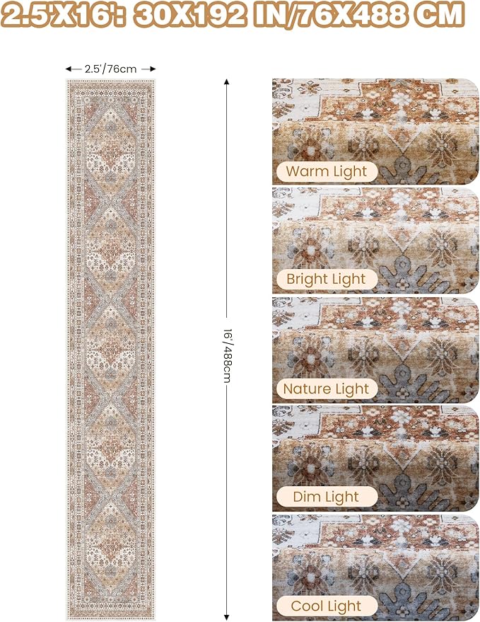Washable Runner Rug 2.5x16, Non-Slip Long Kitchen Mats for Floor, Vintage Rug for Entryway, Soft Hallway Runner for Dining Room, Bedroom, Living Room(Orange,2.5'x16')