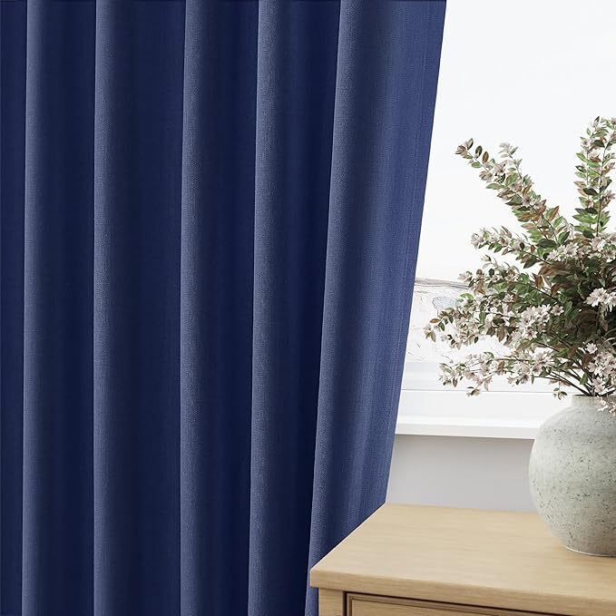 Guken 100% Blackout Curtains 100 Inch Length 2 Panels Set for Living Room Bedroom Back Tab Thermal Insulated Black Out Linen Drapes Room Darkening Window Curtains 100 Inches Long,Classic Blue
