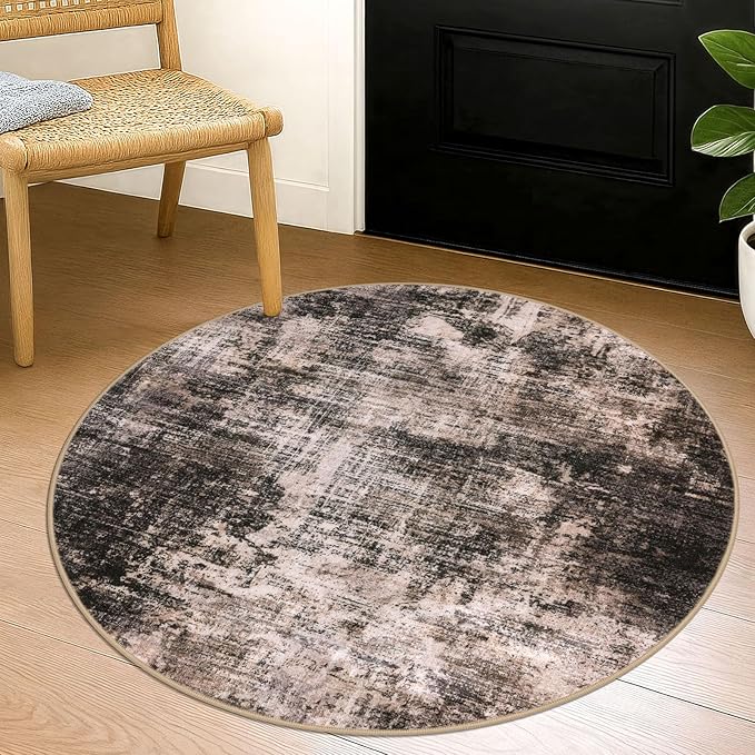 IOHOUZE Round Area Rug 3 Ft Circle Entryway Rugs Round Washable Door Mat Indoor Entrance, Non Slip Circle Front Door Rug, Printed Abstract Faux Wool Floor Carpet for Foyer Porch Sink, Brown/Rust