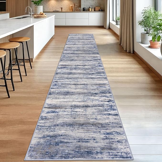 KOZYFLY Modern Abstract Washable Rug Runner 2.6x16 Hallway Rug Runner Non-Slip Soft Kitchen Runner Rugs, Grey-Blue Striped Carpet for Stair Entryway Bathroom Laundry Room Foyer
