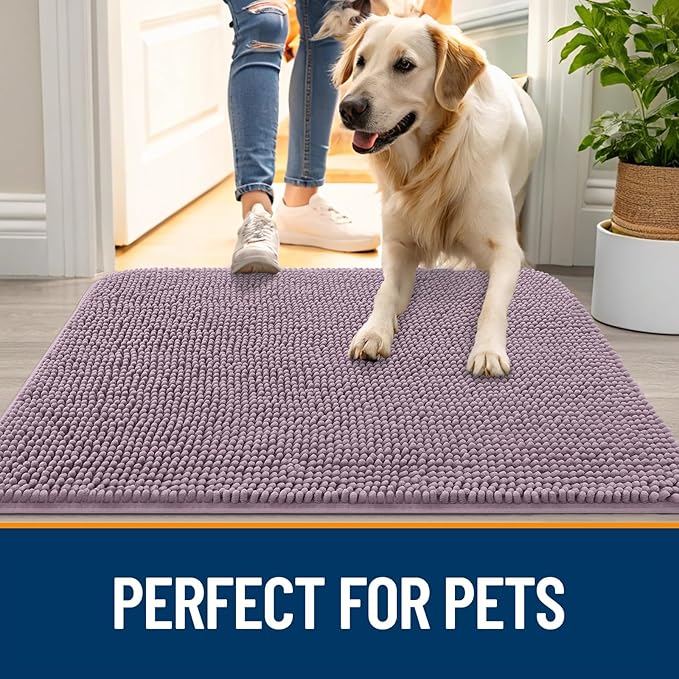 OLANLY Dog Door Mat for Muddy Paws 54x32, Absorbs Moisture and Dirt, Absorbent Non-Slip Washable Doormat, Quick Dry Chenille Mud Mat for Dogs, Entry Indoor Entryway Carpet for Inside Floor, Deep Plum