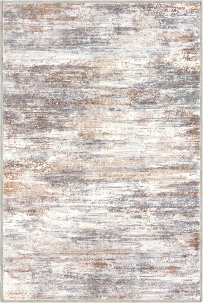 KOZYFLY Modern Abstract 4x6 Rug Washable Large Rugs for Entryway Non-Slip Soft Living Room Rug, Print Multi Grey/Orange Throw Rugs Indoor Mat for High-Traffic Door Entrance