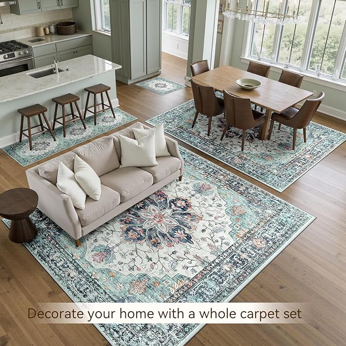 RELEANY Area Rugs 7'x9' Washable Non-Slip, Floral Vintage Distress Print Pattern Medallion Carpet for Living Room Bedroom Dining Room, Green Navy Blue White Red Teal Colorful