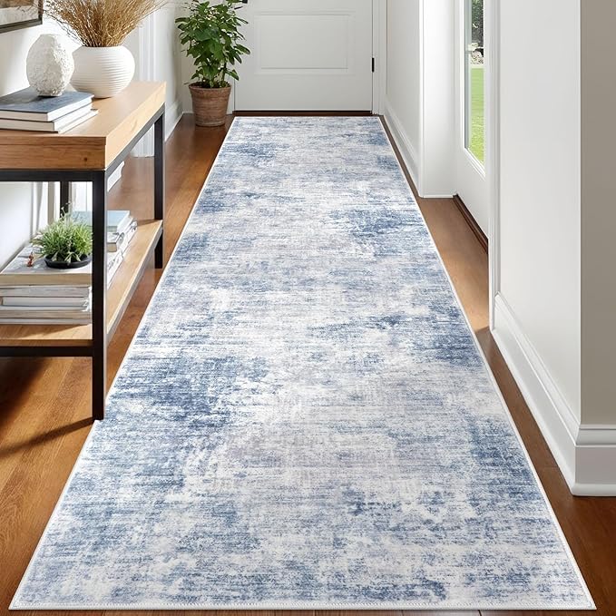 IOHOUZE Abstract Runner Rug 3x12 Ft Washable Runners for Hallways, Non Slip Kitchen Runner Printed Faux Wool Entryway Runner Indoor, Modern Abstract Floor Carpet for Hall Kitchen, Light Blue Grey