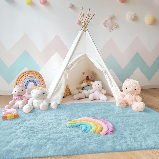 OLANLY Area Rugs for Living Room Bedroom, Machine Washable 4x5.9 ft Soft Fluffy Shaggy Bedside Rug, Indoor Floor Carpet for Kids Girls and Boys, Dorms, Nursery Rooms, Home Decor Aesthetic, Light Blue