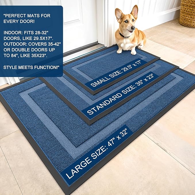 OLANLY Front Door Mat Indoor Outdoor Entrance, Waterproof All-Season, All-Weather Doormat, Sturdy Natural Rubber, Fade Resistant, Low Profile, Easy Clean Patio Porch Entryway Mat, 71x23, Light Blue