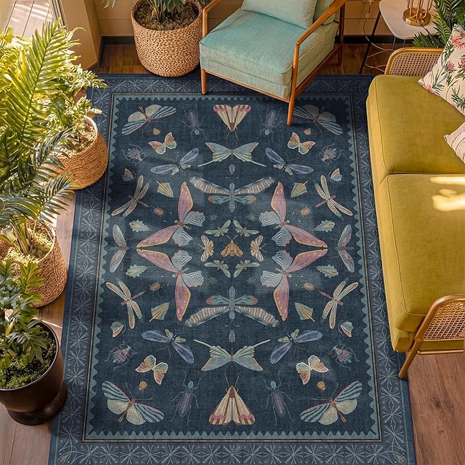 5x7 Navy Blue Boho Rugs for Living Room, Stain Resistant Non Slip Area Rug for Dining Room, Whimsical Bedroom Insect Carpet, Dark Vintage Décor Indoor, Low Pile & Soft