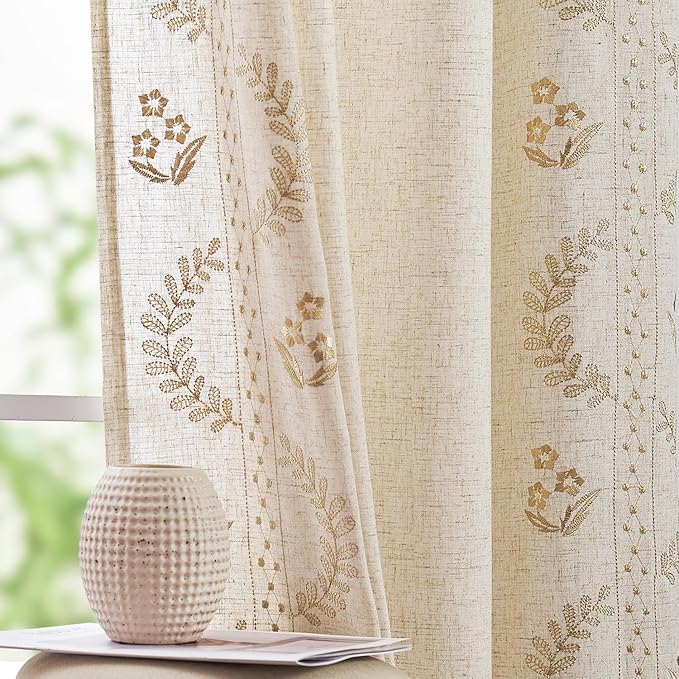 jinchan Belrose 4 Panel Curtains Set 90 Inch Length Floral Curtains Linen Blend Beige Embroidered Drapes Farmhouse Flower Patterned Drapes for Living Room Bedroom Window Treatments Set of 4