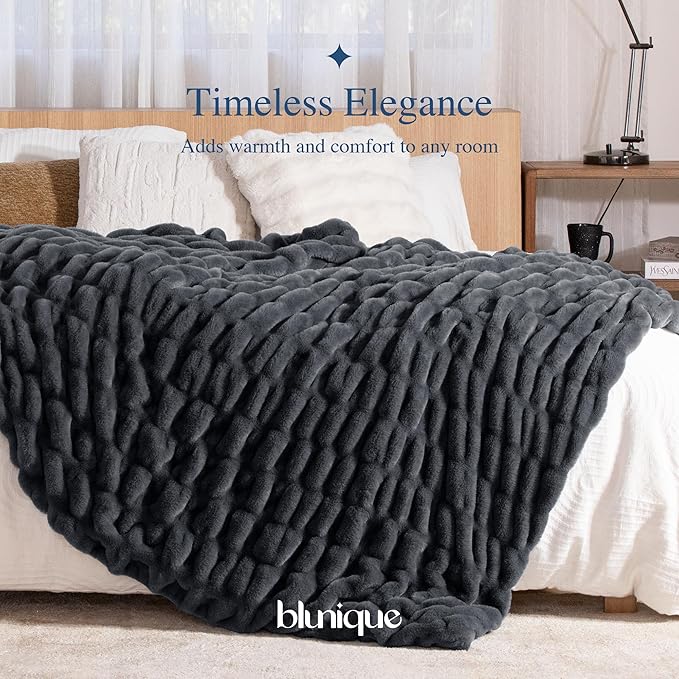 Ultra Soft Cozy Faux Fur Throw Blanket, Fuzzy Plush Thick Bubble Blanket, Oversize Luxury Fluffy Blanket for Couch, Sofa, Bedroom, and Living Room,50x60 Inches,Double Sided Charcoal Gray