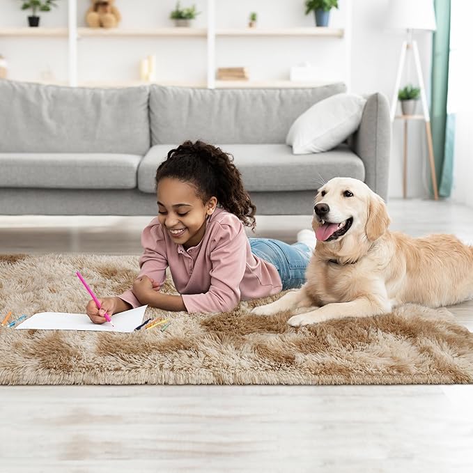 Tepook Fluffy Runner Rugs for Bedroom Aesthetic 2x6 Feet, Shag Soft Bedside Rug with Non-Slip Bottom, Fuzzy Plush Carpet for Room, Hallway Rug for Nursery Dorm Indoor Home Decor, Tie-Dyed Beige