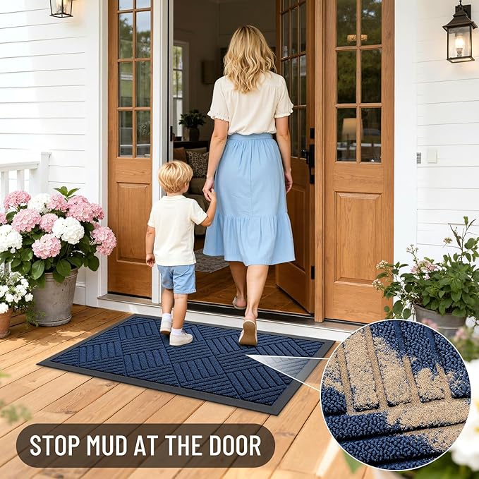 OLANLY Front Door Mat Outside Entrance 59x34, Absorbent, Heavy Duty Sturdy Natural Rubber Doormat Indoor Outdoor, Stain Fade Resistant, Non-Slip Low Profile Floor Mat for Entryway, Navy Blue Diamond
