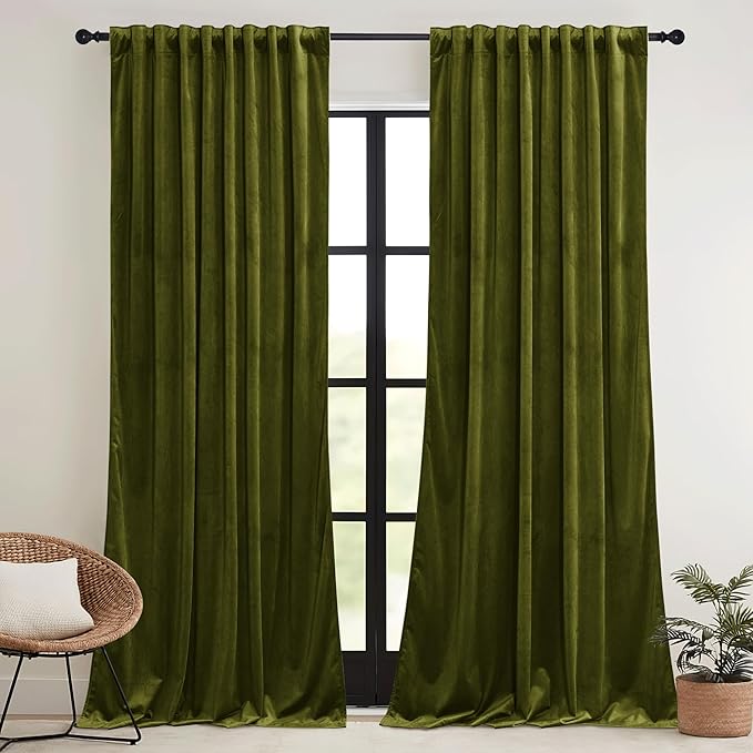 RYB HOME Moss Green Velvet Curtains 84 inches with Hook Belt, Soft Fabric Room Darkening Thermal Insulated Luxurious Home Decor Curtains for Living Room Bedroom, W 42" x L 84", 2 Panels Set