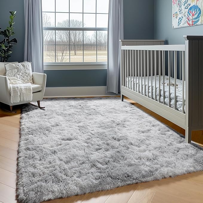 ONASAR Area Rugs 9x12 Living Room, Tie-Dyed Light Grey Large Fluffy Bedroom Rug, Soft Plush Thick Shaggy Big Floor Carpet for Kids Boy Girls Teen Dorm Nursery Indoor Home Decor Aesthetic