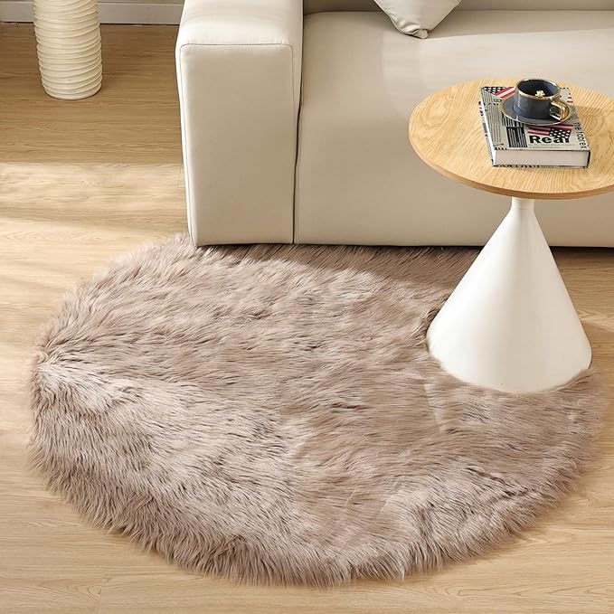 Goolela Beige Round Rug 4ft Fluffy Sheepskin Faux Fur Rug for Bedroom Bedside Living Room Fuzzy Furry Circle Carpet
