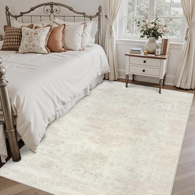 5x7 Area Rugs for Living Room: Vintage Boho Neutral Washable Rug Indoor Soft Large Area Rug Carpet for Bedroom Nursery Farmhouse Dining Room Office Floor Non-Slip Low Pile Under Table Rug Cream Beige