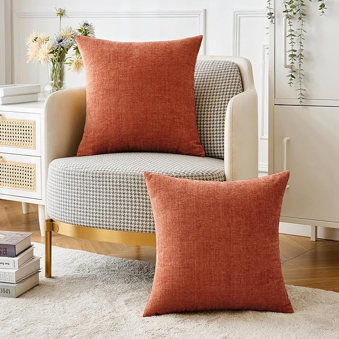MIULEE Pack of 2 Couch Throw Pillow Covers 20x20 Inch Soft Burnt Orange Chenille Pillow Covers for Sofa Living Room Solid Dyed Pillow Cases