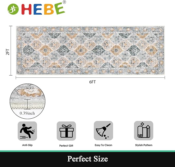 HEBE Hallway Runner Rug 2'x6' Washable Vintage Distressed Area Rugs Non Slip Laundry Rug Runner Boho Floor Carpet Runners for Hallways Entryway Laundry Room Kitchen Bathroom