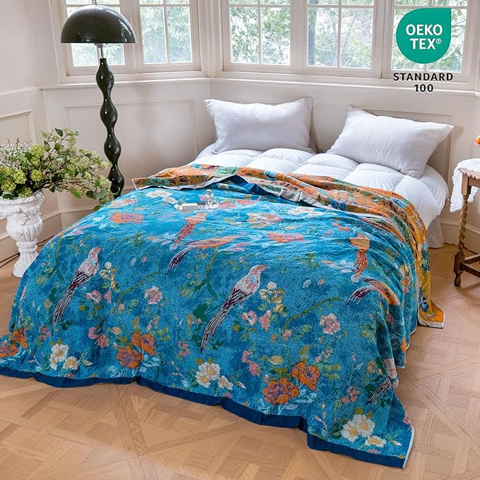 MSGKV Boho Throw Blanket for Bed 60"x80" Cotton Couch Blanket with Floral and Bird Spring Breathable Lightweight Farmhouse Twin Size Decorative Blankets for Sofa Muslin All Seasons