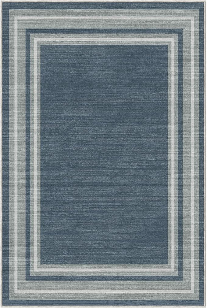 OPPODREAM Border Soft Area Rugs 6x9, Washable Blue Rug with Non Slip Backing, 6 x 9 Faux Cashmere Low-Pile 6x9 Carpet