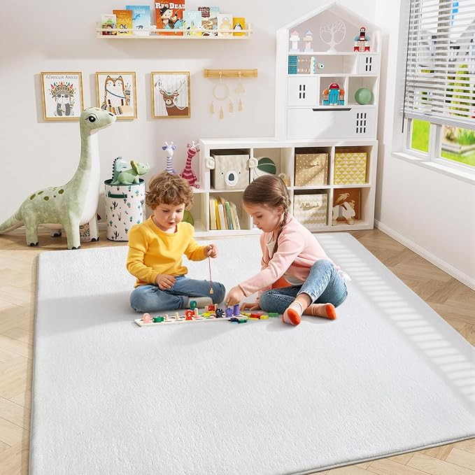 Amearea 5x5 Square Area Rugs for Bedroom Living Room, Modern White Thickened Memory Foam Rug, Fluffy Indoor Washable Rugs Non Slip Minimalist Carpet for Kids Boys Girls Dorm Nursery Room Decor