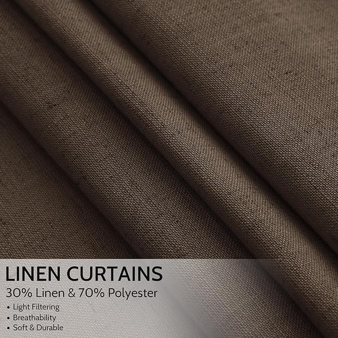 Chocolate Linen Curtains 72 Inch Long for Living Room Bedroom Lightweight Door Drapes 2 Panels Set, Semi Sheer Light Filtering Back Tab or Rod Pocket Curtain,52x72