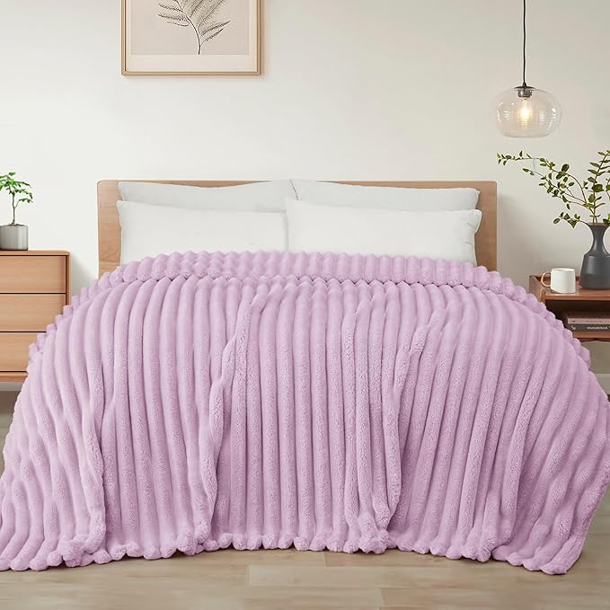 Exclusivo Mezcla Twin Size Flannel Fleece Blanket, Super Soft Striped Jacquard Bed Blanket, Lightweight Fuzzy Cozy for All Seasons, 60x80 Inches, Lilac Purple