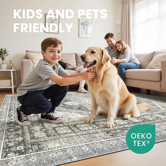 zesthome 5x7 Area Rugs - Ultra-Thin Washble Rug, Stain Resistant Anti Slip Backing Rugs for Living Room,Bedroom, Vintage Home Decor Area Rug (Wheat/Charcoal,5'x7')