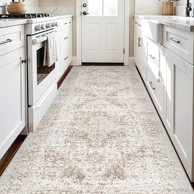 4x8 Washable Hallway Runner Rug - Wide Kitchen Runners Vintage Low Pile Carpet Soft Thin Floor Runner with Rubber Backing for Entryway Bedroom Living Room Home Decor (Cream/Camel)