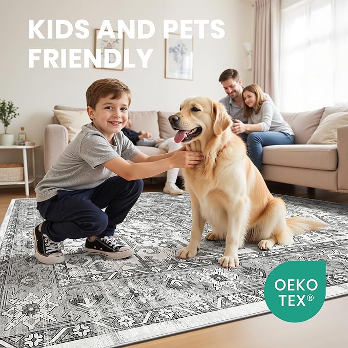 zesthome 8x10 Area Rugs for Living Room,Non-Slip Backing Washable Rugs,Vintage Large Area Rug，Stain Resistant Home Decor Rug (Grey/White,8'x10')