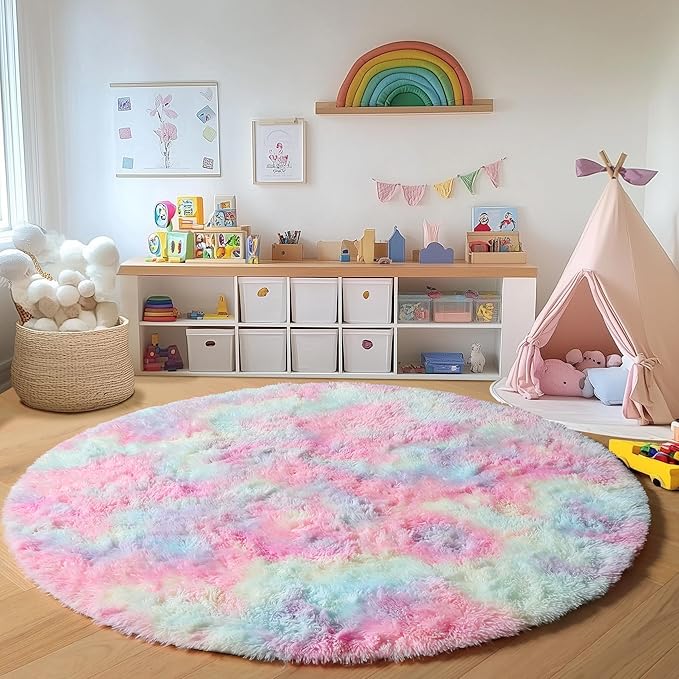ONASAR Rainbow Round Area Rugs 5ft, Soft Bedroom Circle Rug Mats for Kids Girls Teen Room, Kawaii Fluffy Plush Shaggy Carpet for Dorm Nursery Living Room Playroom Home Decor Princess Castle