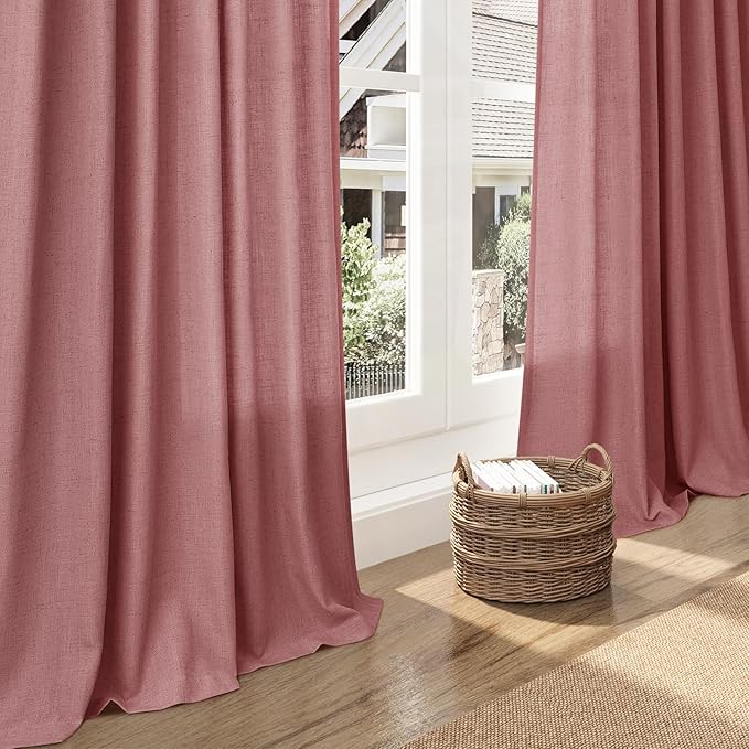 Extra Long Canyon Rose Linen Curtains 120 Inch for Living Room 2 Panels Set Rod Pocket Back Tab Linen Window Drapes Semi Sheer Light Filtering Privacy High Ceiling Drapes for Farmhouse 52x120