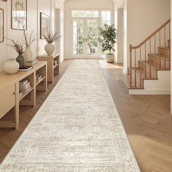 3x16 Washable Runner Rug for Hallway, Non-Slip Long Hallway Runner for Entryway, Soft Vintage Kitchen Mats for Floor, Abstract Dining Room, Bedroom, Living Room Rugs(3'x16', Beige/Ivory)