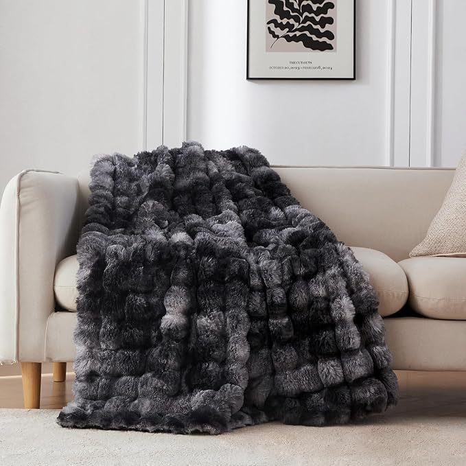 COOVA Faux Fur Throw Blanket for Couch, Cozy Soft and Fuzzy Plush Rabbit Fur Bubble Blanket for Sofa Bedroom Living Room, 60x80 Inches Tie Dye Black