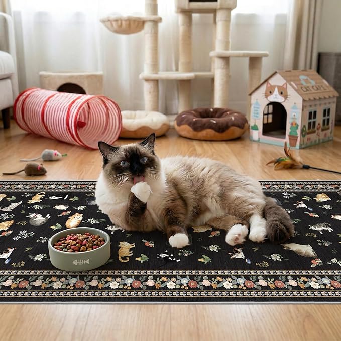 2x5 Washable Kitchen Runner Rug - Soft Low Pile Floral Animal Cat Print Rugs with Non-Slip Backing Waterproof Stain-Resistant Indoor Carpet for Hallway Entryway Bathroom Bedroom (Black)