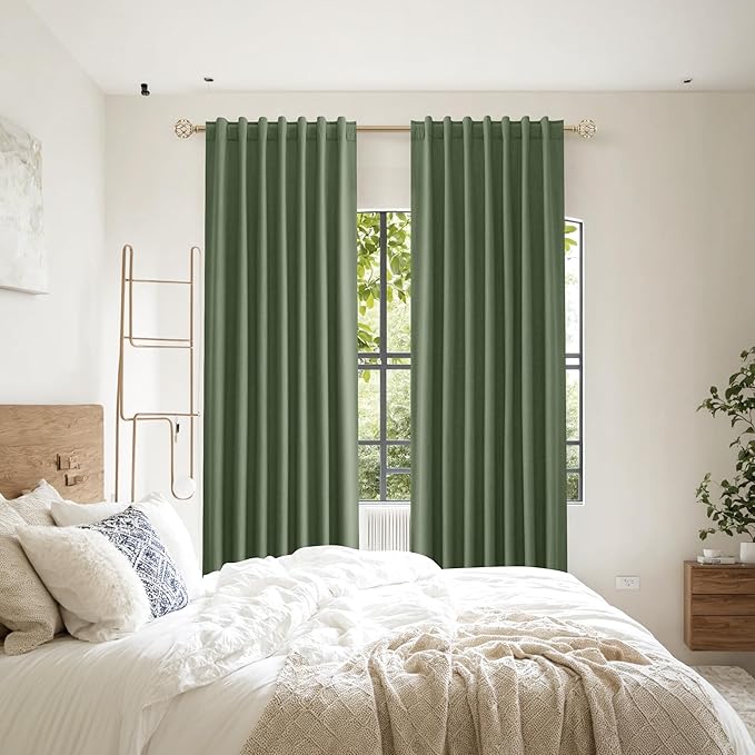 Guken Olive Green 100% Blackout Curtains 84 Inch Length 2 Panels Set for Living Room Bedroom Back Tab Thermal Insulated Black Out Linen Drapes Room Darkening Window Curtains 84 Inches Long