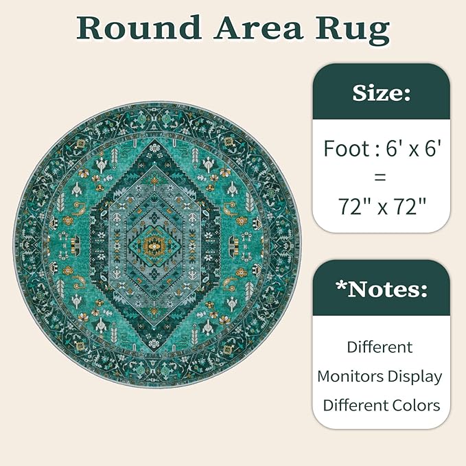 SERISSA Boho Round Area Rug, 6ft Washable Non-Slip Circle Rug, Ultra Soft Oriental Vintage Teal Low-Pile Circular Carpet for Bedroom Entryway Kids Room Office College Dorm Living Room
