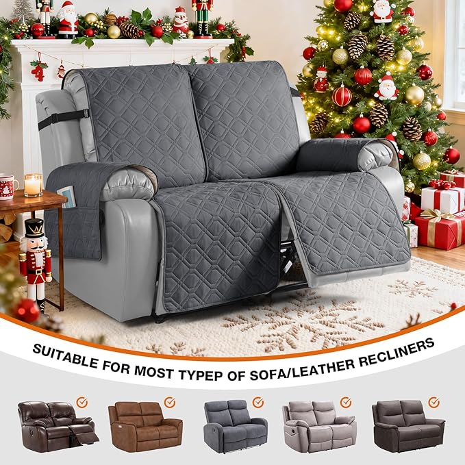 VANSOFY Waterproof Recliner Couch Covers, Sofa Covers 1-Piece Washable Reclining Sofa Cover Non-Slip Furniture Protector with Elastic Straps Pocket for Dogs, Pets(Dark Gray,2 Seater)