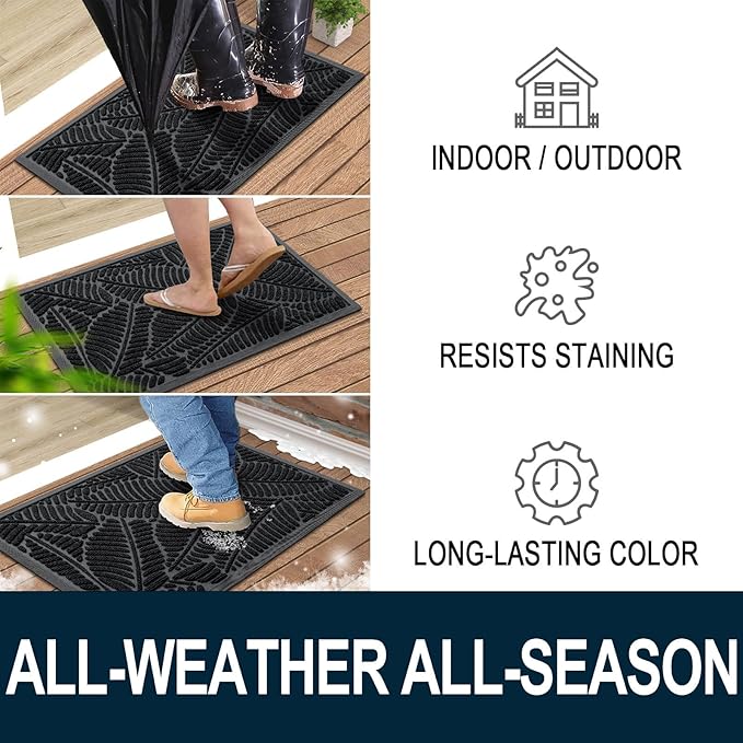 Colorxy Waterproof Doormat, Sturdy Natural Rubber Front Indoor Mat, Non Slip Low Profile Indoor Outdoor Door Mats, Stain and Fade Resistant Floor Mat, Easy Clean Patio Entrance Mat, 59''x36'', Black