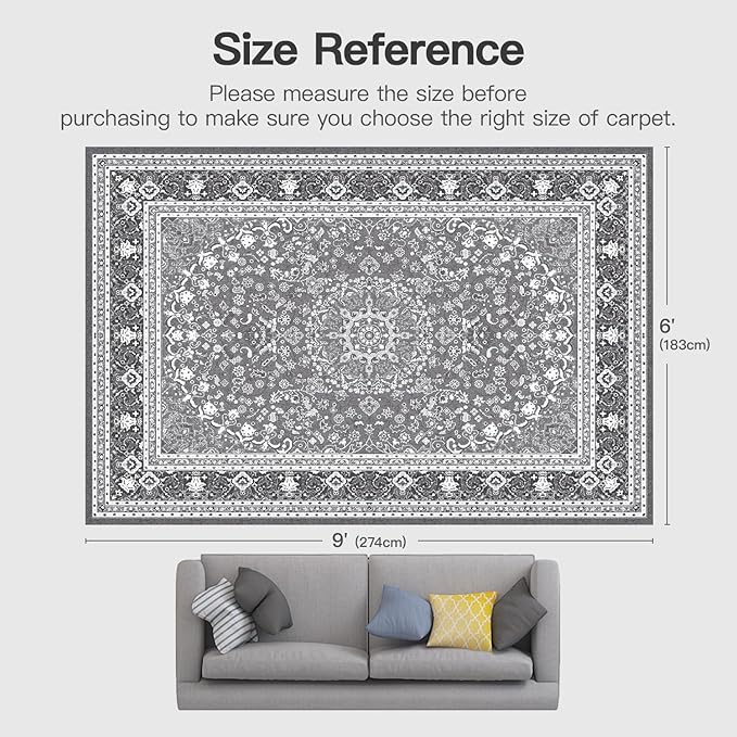 Lofus 6x9 Area Rugs for Living Room, Machine Washable Non-Slip Area Rug, Low Pile Large Rugs for Bedroom, Kitchen, Dining Room, Home Office, Vintage Oriental Print Rug, Light Grey with White