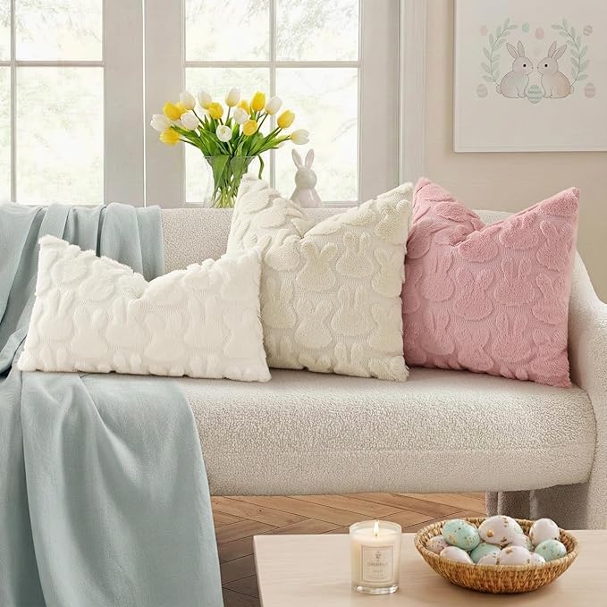 decorUhome Easter Bunny Pillow Covers 18x18 Inch Set of 2, Soft Plush Faux Wool Jacquard Beige Rabbit Cushion Covers, Farmhouse Neutral Spring Easter Holiday Decor for Couch Sofa Bed