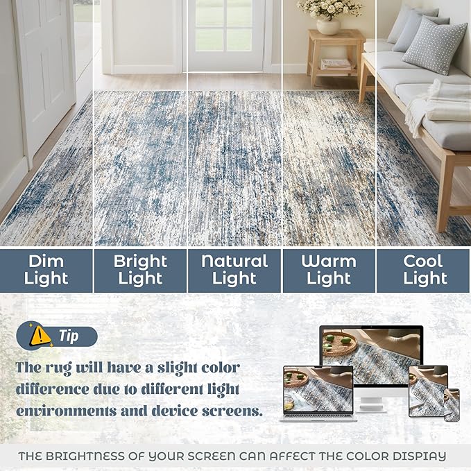 XLUEZ 5x7 Area Rugs for Living Room, Washable Modern Abstract Large Area Rug Neutral Soft Non Slip Kids Rug Stain Resistant Indoor Carpet for Bedroom Nursery Dining Room Playroom(BlueWhite, 5'x7')