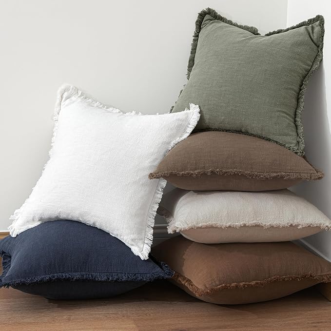 MIULEE Decorative Throw Pillow Covers Neutral Linen Fringe Throw Pillows Set of 2 Cocoa Brown Boho Farmhouse Cushion Covers for Couch Sofa Bed Living Room Spring Home Decor 18x18 Inch