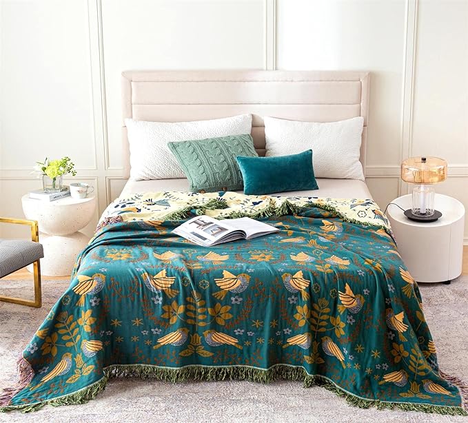 MSGKV Boho Throw Blanket 100% Cotton Blankets for Bed Couch 60''x80'', Spring Breathable Farmhouse Bird Blankets Quilt Muslin Home Decor