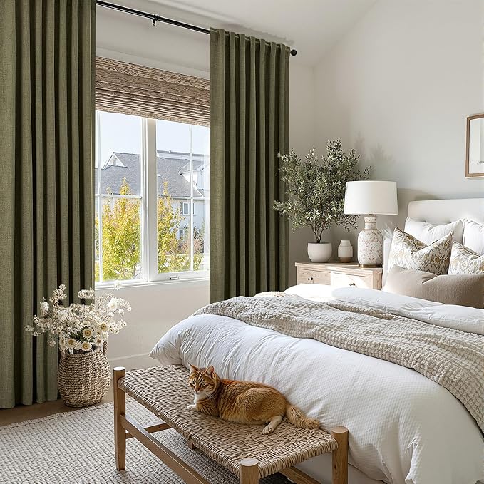 MIULEE 100% Blackout Linen Curtains for Bedroom, Light Olive Green Solid Luxury Decor Thermal Insulation Room Darkening Drapes for Living Room Nursery Back Tab Rod Pocket 42 x 90 Inches, 2 Panels