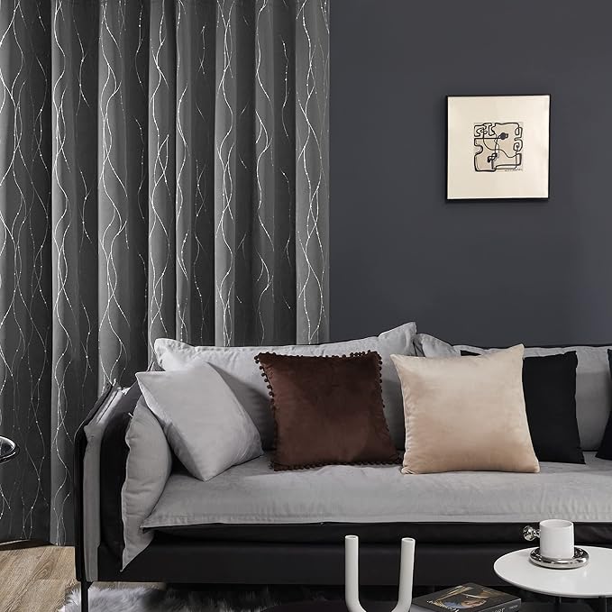 Deconovo Blackout Curtain, Grey Curtains, Thermal Insulated Soundproof Grommet Drapes, Silver Wave Dots Foil Print, 42 x 84 Inch, 2 Panels, Machine Washable Window Panel for Living Room Bedroom Office